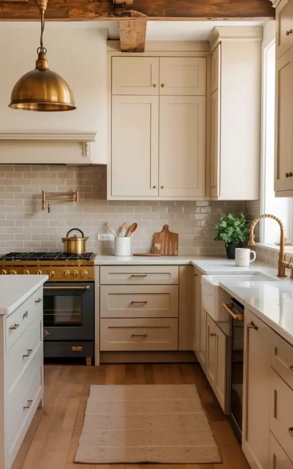 Modern Farmhouse Kitchen on a Budget | Cream Cabinets & Brass Hardware Ideas