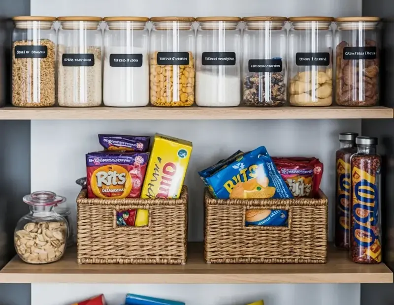 My Organized Kitchen Pantry with Glass Jars and Bamboo Lids