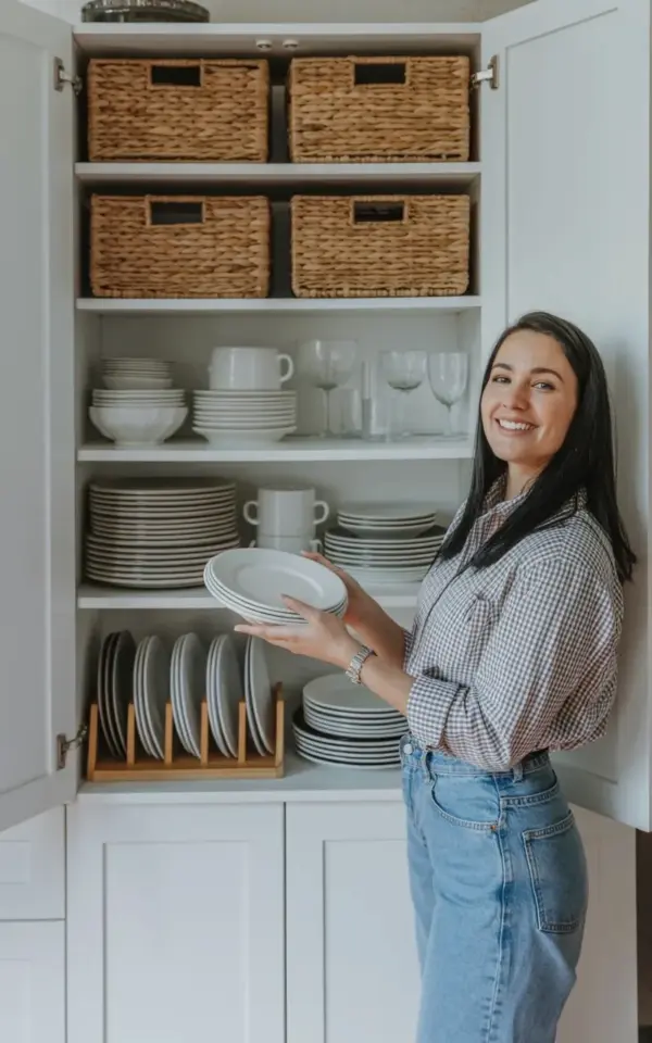 Spring Kitchen Cabinet Organization Ideas | Woven Baskets & White Dishes