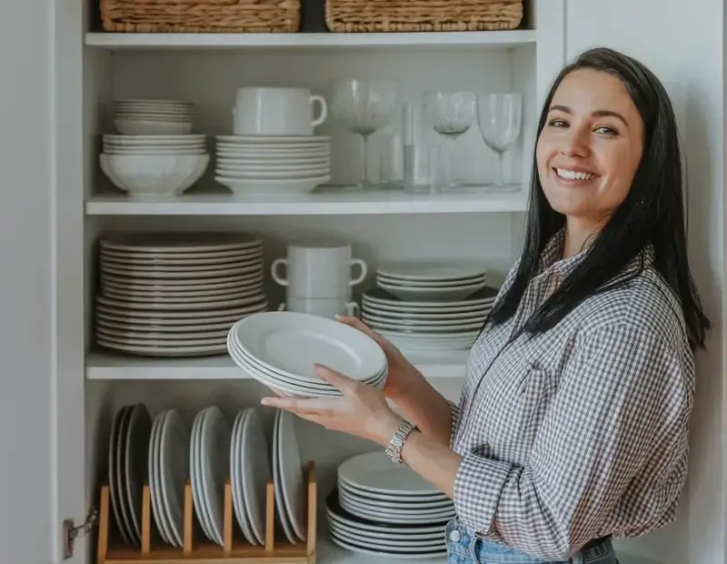 Spring Kitchen Cabinet Organization Ideas | Woven Baskets & White Dishes