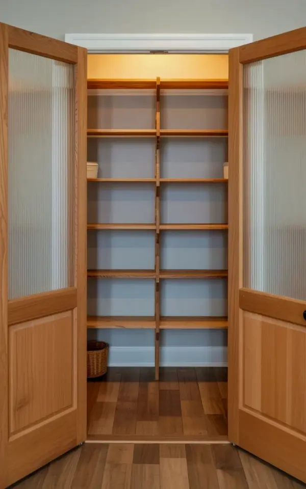 Walk-in Pantry with Oak Shelves and Glass Doors | Fall Organizing Ideas
