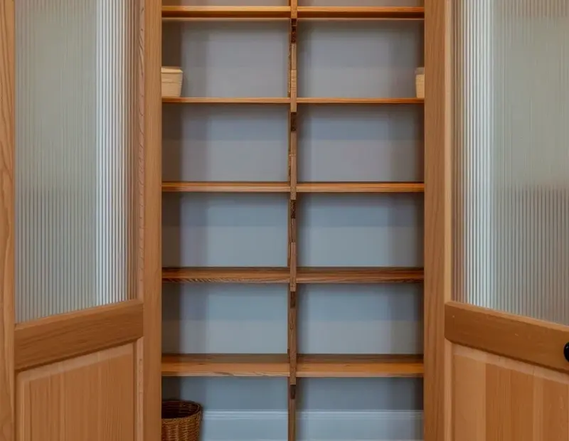 Walk-in Pantry with Oak Shelves and Glass Doors | Fall Organizing Ideas