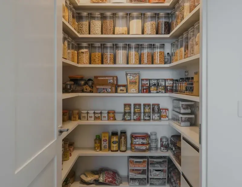 Walk-In Pantry Organization Ideas with Glass Jars & Warm Wood Tones | Copper Accent Home Decor