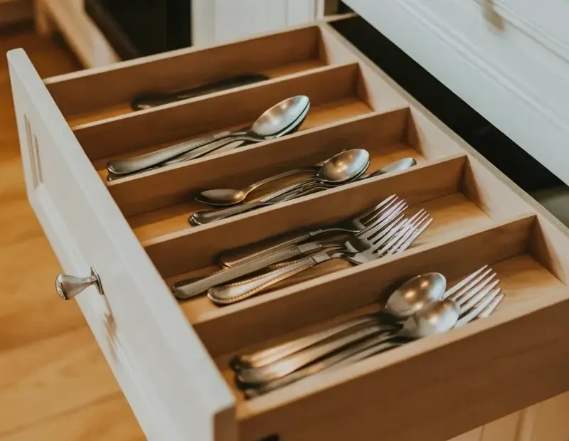 Cozy Kitchen Silverware Drawer Organization with Wooden Dividers