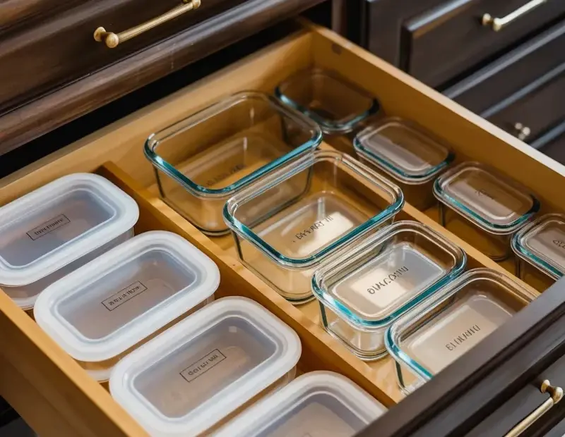 Kitchen Drawer Organization Ideas with Glass Containers and Wooden Dividers