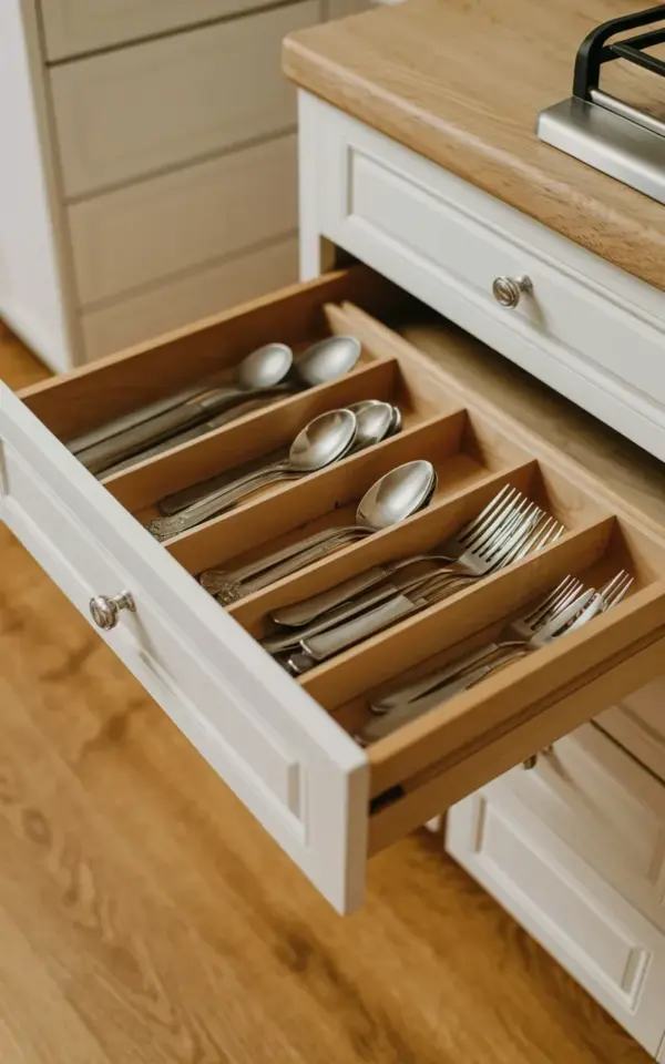 Kitchen Drawer Organization with White Wooden Silverware Dividers