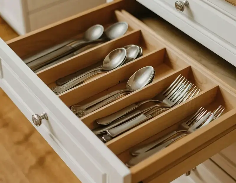 Kitchen Drawer Organization with White Wooden Silverware Dividers