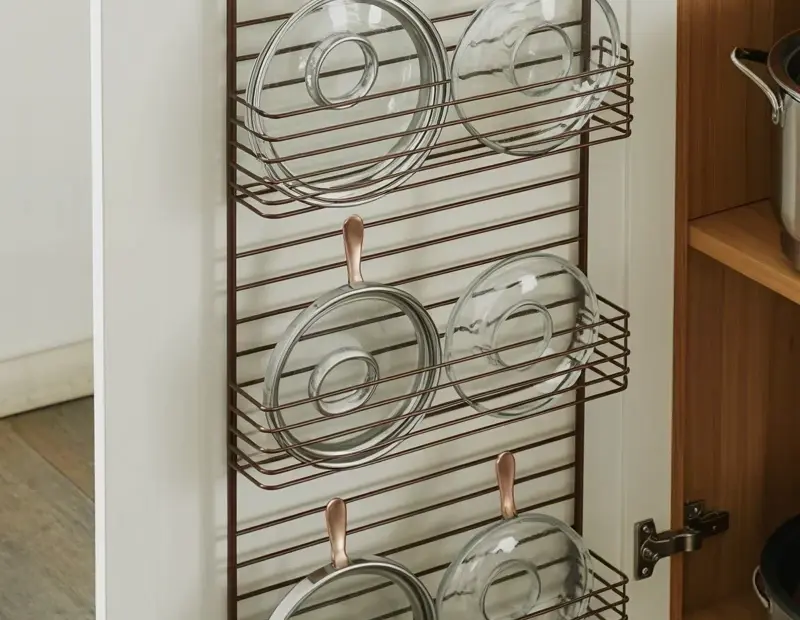 Pot Lid Organizer on Cabinet Door | Kitchen Pantry Storage Idea for Holidays
