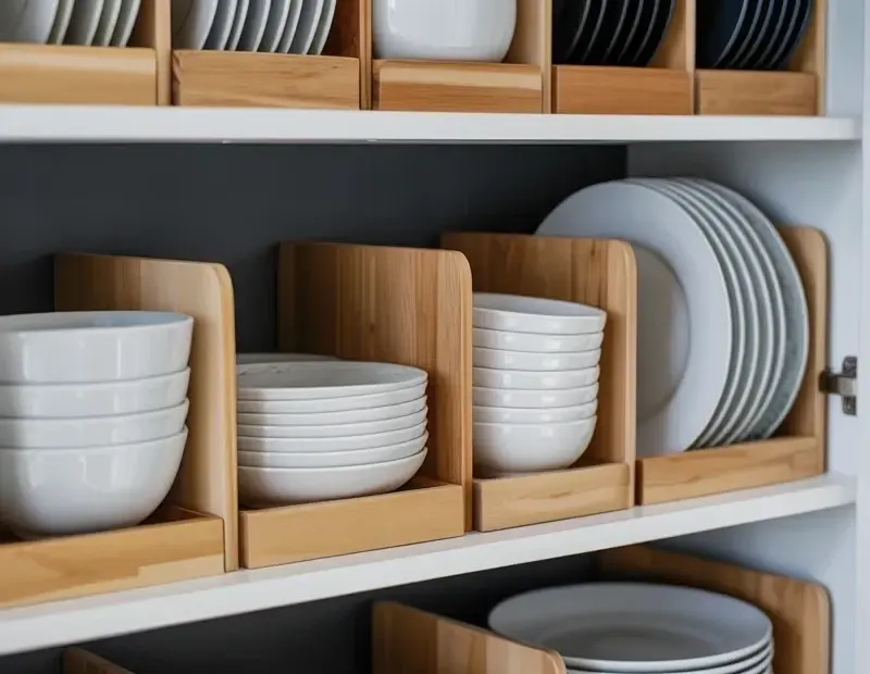 Kitchen Pantry Shelves with Wooden Dividers for Plates and Bowls