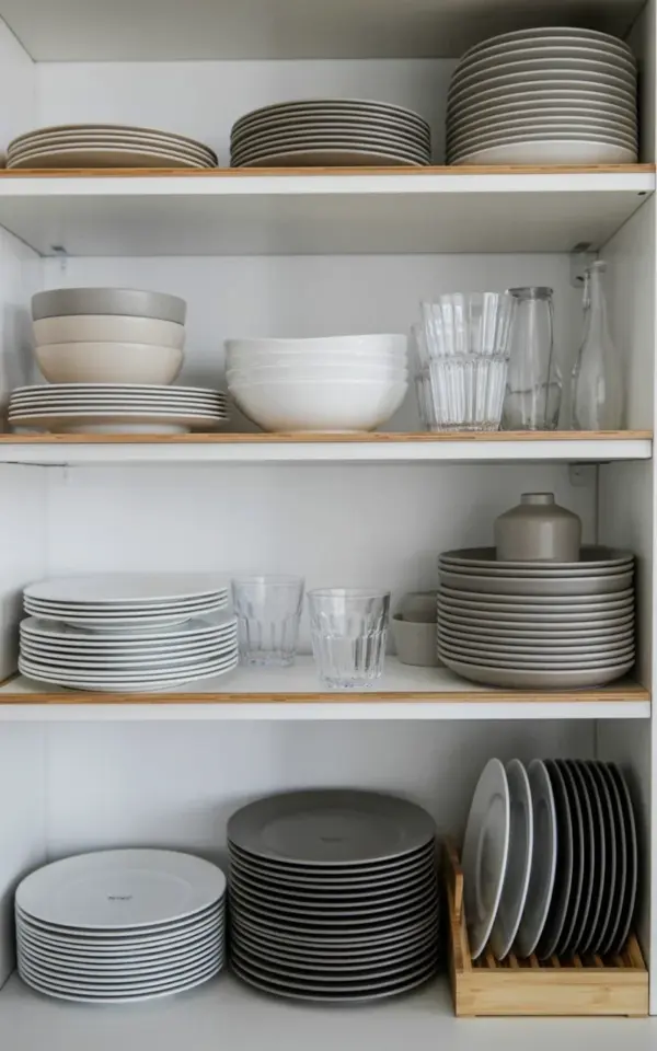 Kitchen Shelf Storage Ideas for Holiday Hosting with Neutral Dishes and Glassware