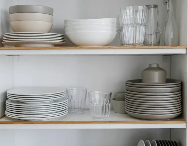 Kitchen Shelf Storage Ideas for Holiday Hosting with Neutral Dishes and Glassware