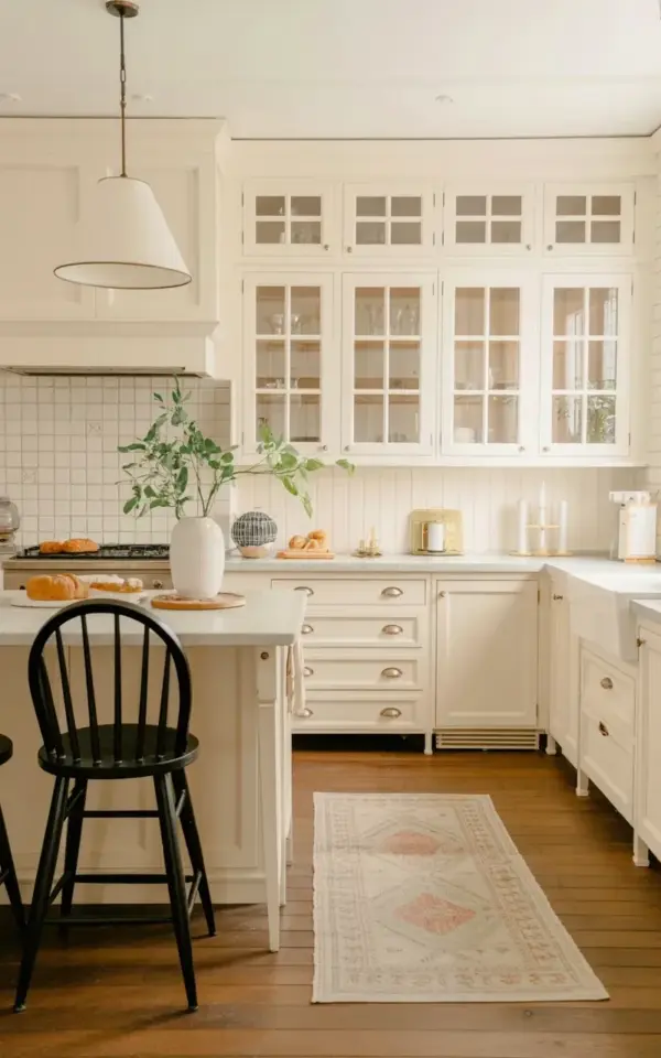 Kitchen Ideas on a Budget | White Shaker Cabinets + Cozy Vintage Rug Style