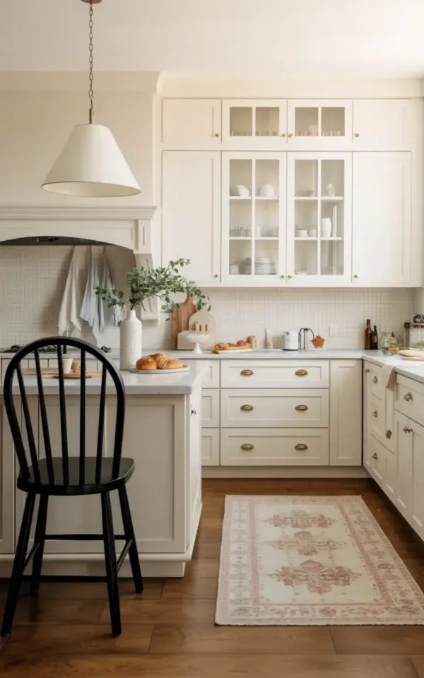 White Kitchen with Marble Island and Vintage Rug for Fall