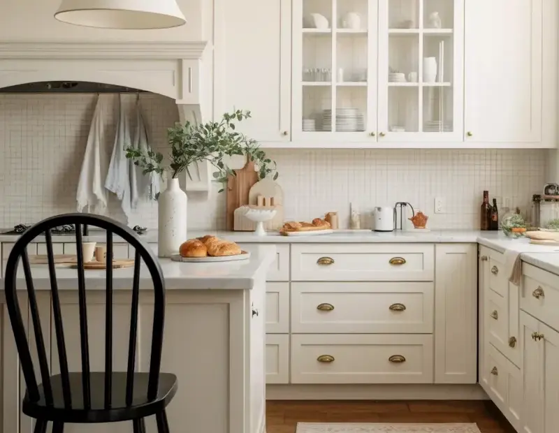 White Kitchen with Marble Island and Vintage Rug for Fall