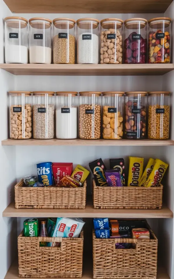 Budget Pantry Organization Ideas with Glass Jars and Bamboo Lids