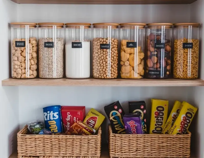 Budget Pantry Organization Ideas with Glass Jars and Bamboo Lids