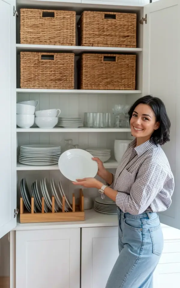 Kitchen Cabinet Organization Ideas with Woven Baskets & White Dishware