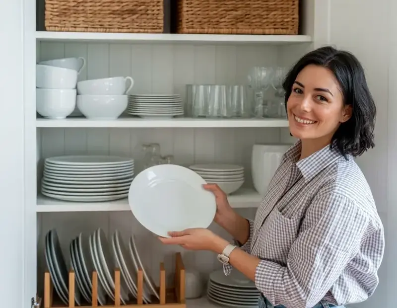 Kitchen Cabinet Organization Ideas with Woven Baskets & White Dishware
