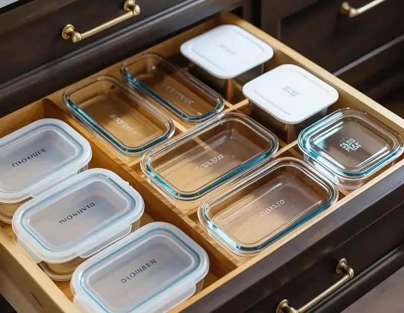Organized Kitchen Drawer Ideas with Glass Containers and Wooden Dividers