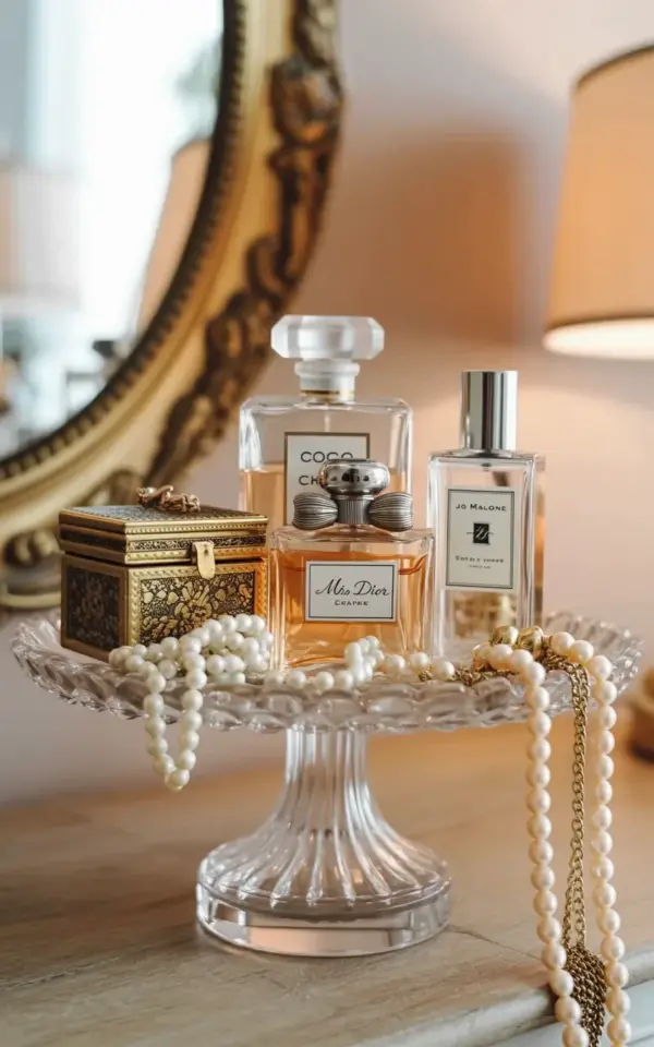 Perfume bottle display idea: crystal cake stand vanity tray with Chanel, Dior & pearls