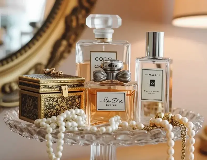 Perfume bottle display idea: crystal cake stand vanity tray with Chanel, Dior & pearls